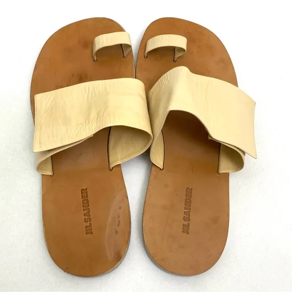 JIL SANDER Beige Toe Ring Sandals 10 Flat Slip On Calf Leather