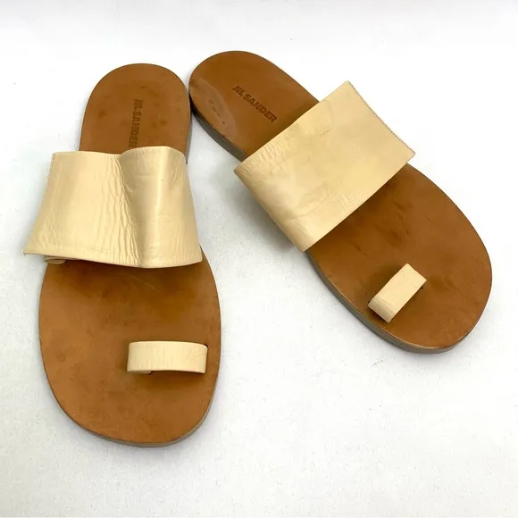 JIL SANDER Beige Toe Ring Sandals 10 Flat Slip On Calf Leather