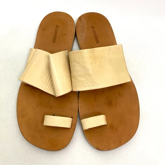JIL SANDER Beige Toe Ring Sandals 10 Flat Slip On Calf Leather