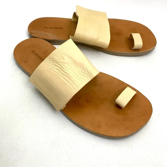 JIL SANDER Beige Toe Ring Sandals 10 Flat Slip On Calf Leather
