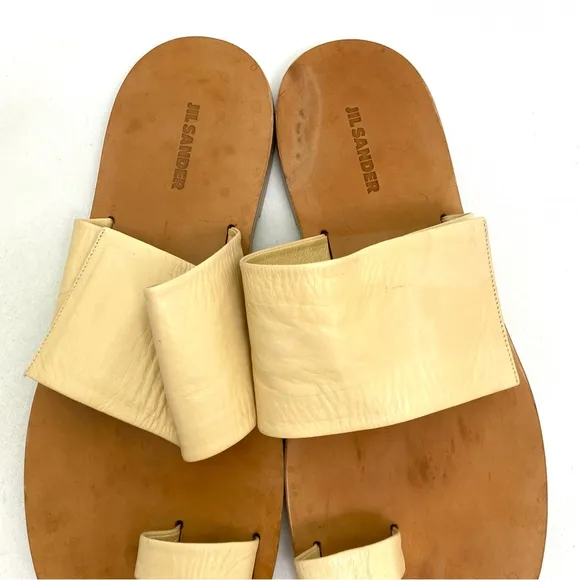 JIL SANDER Beige Toe Ring Sandals 10 Flat Slip On Calf Leather