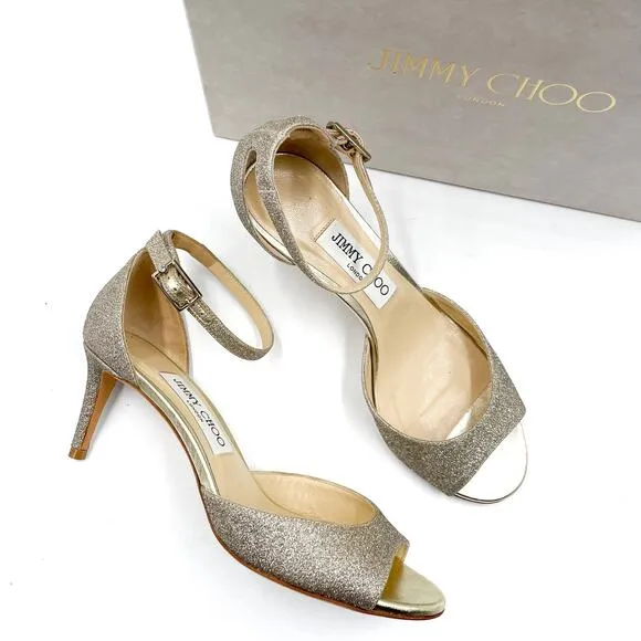 Jimmy Choo Annie Sandals Platinum Ice Silver Glitter Low Heels Sz 37.5 / 7.5