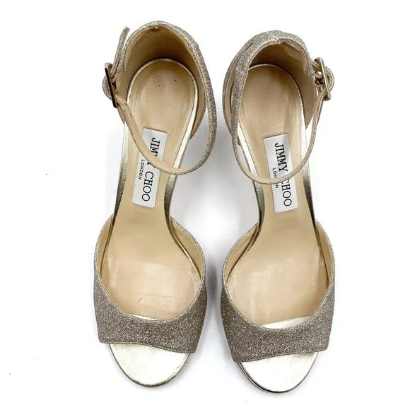 Jimmy Choo Annie Sandals Platinum Ice Silver Glitter Low Heels Sz 37.5 / 7.5