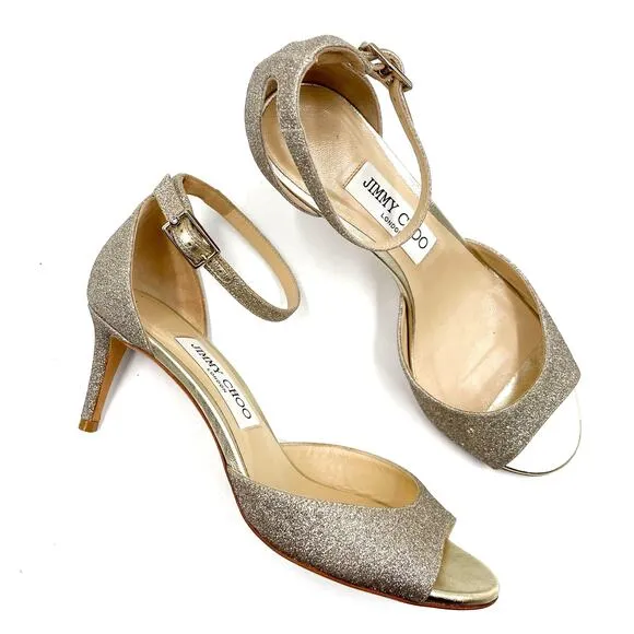 Jimmy Choo Annie Sandals Platinum Ice Silver Glitter Low Heels Sz 37.5 / 7.5