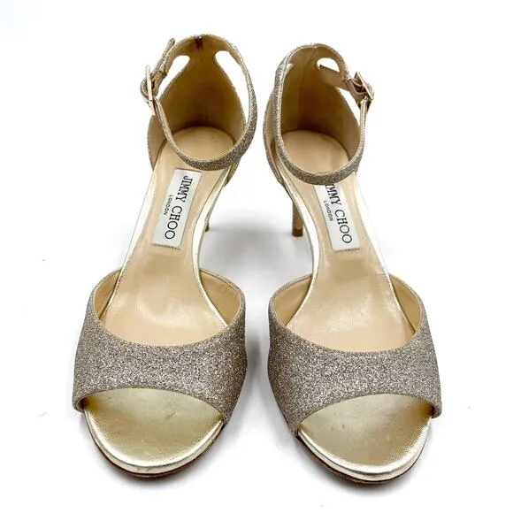 Jimmy Choo Annie Sandals Platinum Ice Silver Glitter Low Heels Sz 37.5 / 7.5