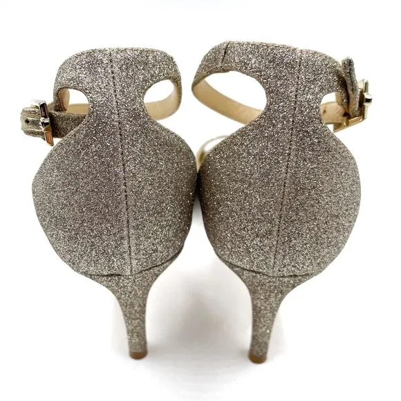 Jimmy Choo Annie Sandals Platinum Ice Silver Glitter Low Heels Sz 37.5 / 7.5