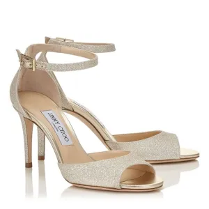 Jimmy Choo Annie Sandals Platinum Ice Silver Glitter Low Heels Sz 37.5 / 7.5
