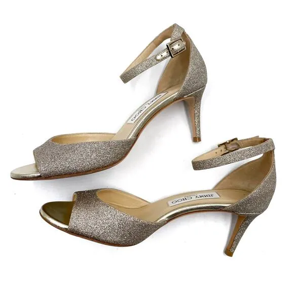 Jimmy Choo Annie Sandals Platinum Ice Silver Glitter Low Heels Sz 37.5 / 7.5