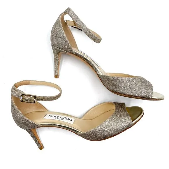 Jimmy Choo Annie Sandals Platinum Ice Silver Glitter Low Heels Sz 37.5 / 7.5