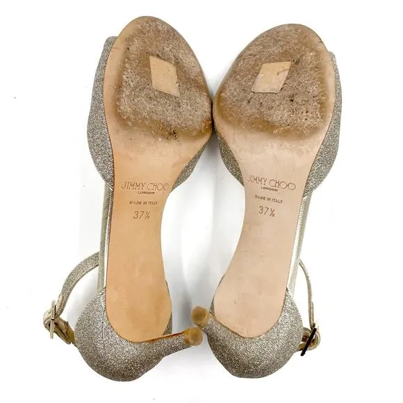 Jimmy Choo Annie Sandals Platinum Ice Silver Glitter Low Heels Sz 37.5 / 7.5
