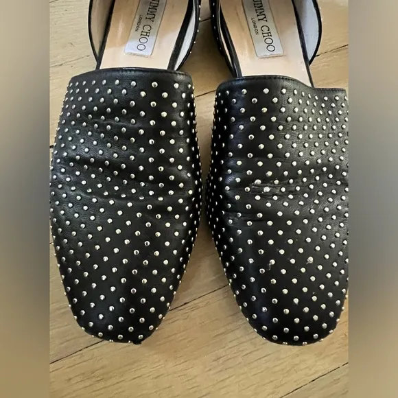 JIMMY CHOO Globe Flat Black Nappa Flats W/ Silver Micro Studs 36.5