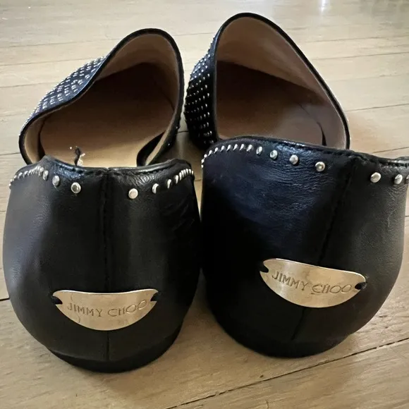 JIMMY CHOO Globe Flat Black Nappa Flats W/ Silver Micro Studs 36.5
