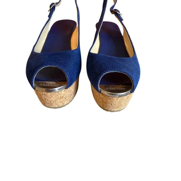 Jimmy Choo Platform Slingback Wedge Cork Peep Toe Sandals Blue 8.5