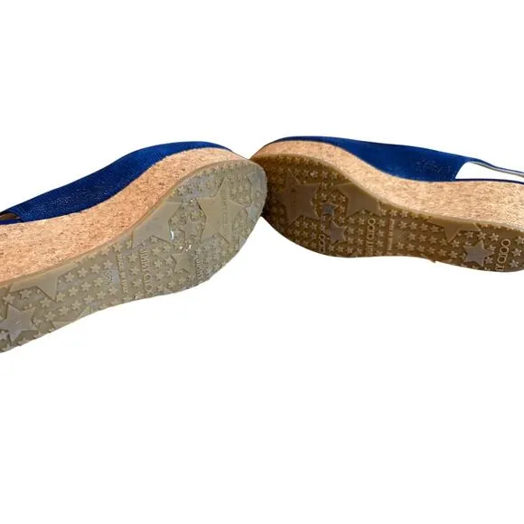 Jimmy Choo Platform Slingback Wedge Cork Peep Toe Sandals Blue 8.5