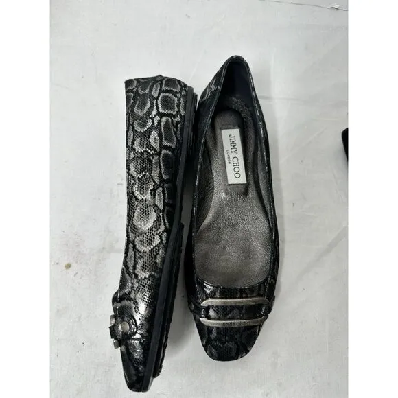 Jimmy Choo TULITA Shimmer SNAKE Logo Buckle Flats EU 37 US 7 Black Silver