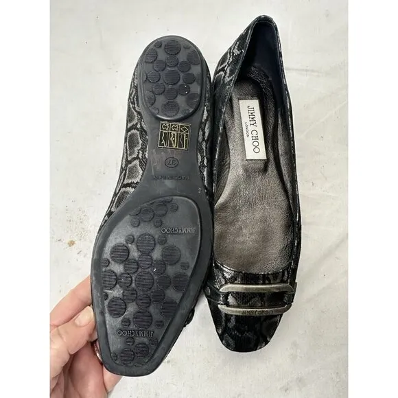 Jimmy Choo TULITA Shimmer SNAKE Logo Buckle Flats EU 37 US 7 Black Silver
