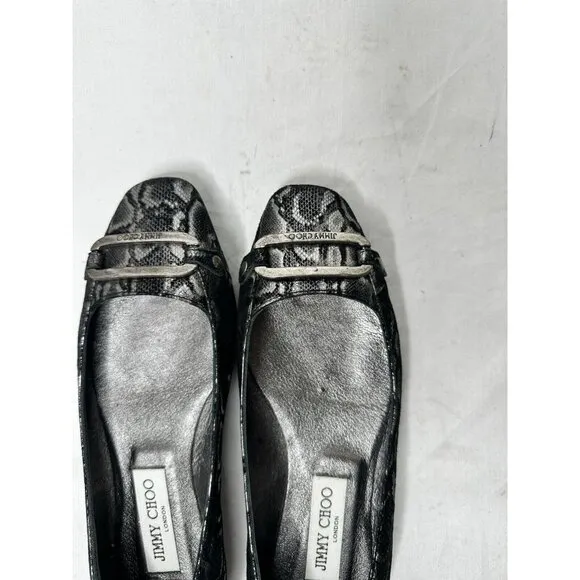 Jimmy Choo TULITA Shimmer SNAKE Logo Buckle Flats EU 37 US 7 Black Silver