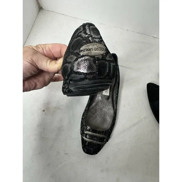 Jimmy Choo TULITA Shimmer SNAKE Logo Buckle Flats EU 37 US 7 Black Silver