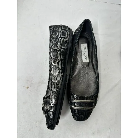 Jimmy Choo TULITA Shimmer SNAKE Logo Buckle Flats EU 37 US 7 Black Silver