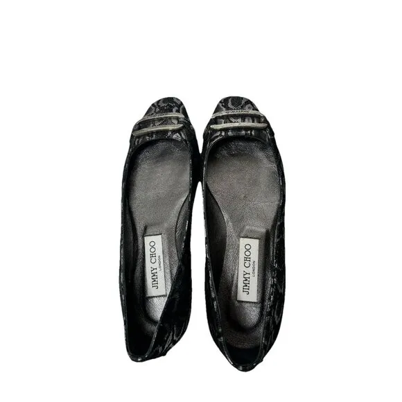 Jimmy Choo TULITA Shimmer SNAKE Logo Buckle Flats EU 37 US 7 Black Silver
