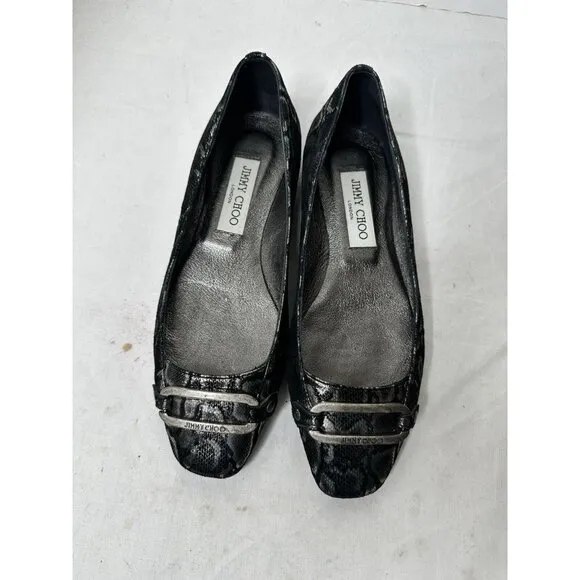 Jimmy Choo TULITA Shimmer SNAKE Logo Buckle Flats EU 37 US 7 Black Silver