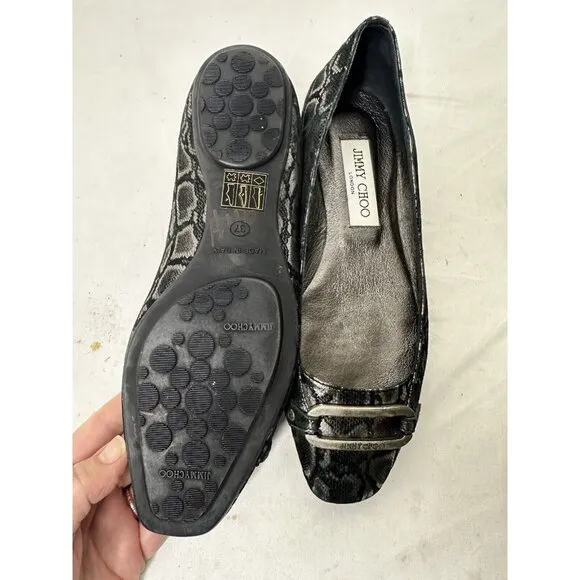 Jimmy Choo TULITA Shimmer SNAKE Logo Buckle Flats EU 37 US 7 Black Silver