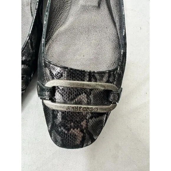 Jimmy Choo TULITA Shimmer SNAKE Logo Buckle Flats EU 37 US 7 Black Silver