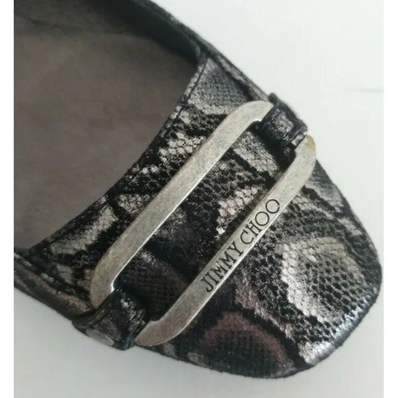 Jimmy Choo TULITA Shimmer SNAKE Logo Buckle Flats EU 37 US 7 Black Silver