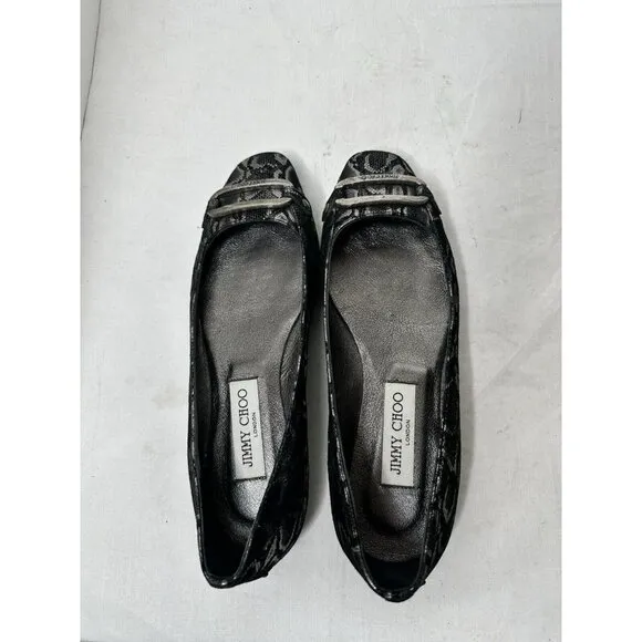 Jimmy Choo TULITA Shimmer SNAKE Logo Buckle Flats EU 37 US 7 Black Silver