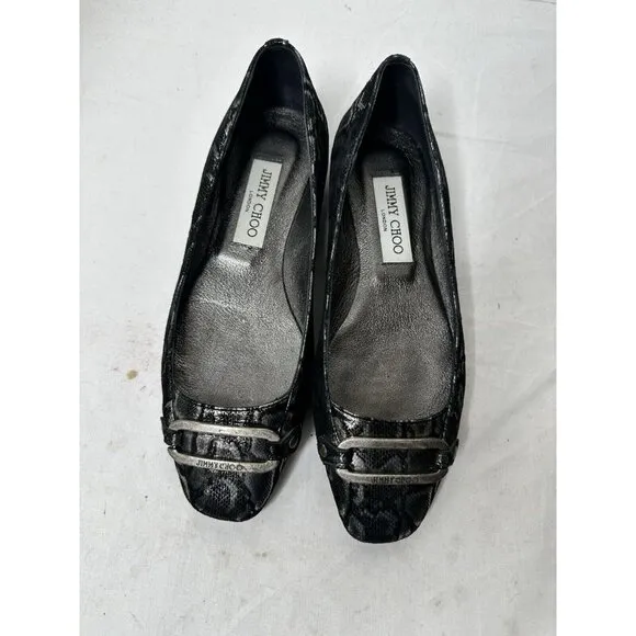 Jimmy Choo TULITA Shimmer SNAKE Logo Buckle Flats EU 37 US 7 Black Silver