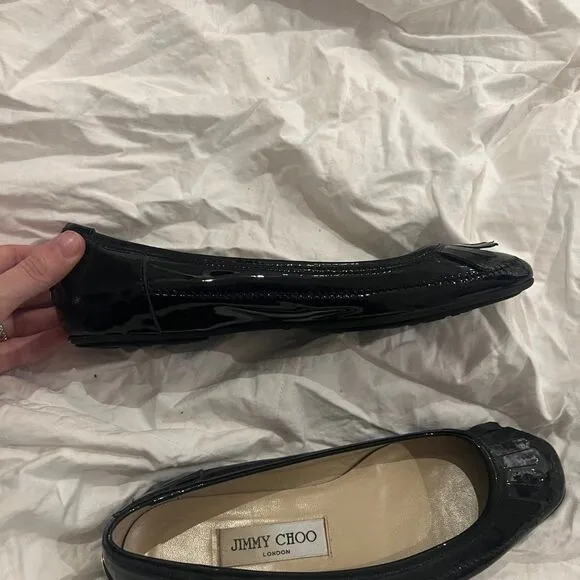Jimmy Choo Patent Leather Square Toe Ballet Flat with Fringe