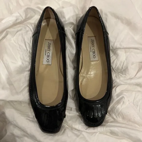 Jimmy Choo Patent Leather Square Toe Ballet Flat with Fringe