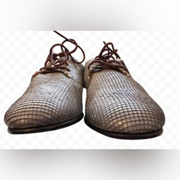 Jo Ghost Silver Metallic Woven 100 % Leather Textured Lace Up Oxford Shoes Sz 37