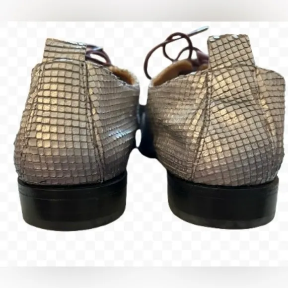Jo Ghost Silver Metallic Woven 100 % Leather Textured Lace Up Oxford Shoes Sz 37