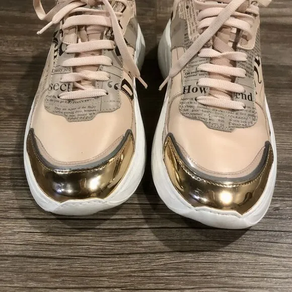 John Galliano Gazette Newspaper Leather Sneakers 8.5 US / 39 EU Pink Metallic