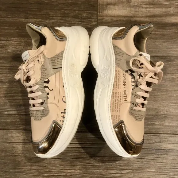 John Galliano Gazette Newspaper Leather Sneakers 8.5 US / 39 EU Pink Metallic