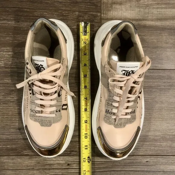 John Galliano Gazette Newspaper Leather Sneakers 8.5 US / 39 EU Pink Metallic