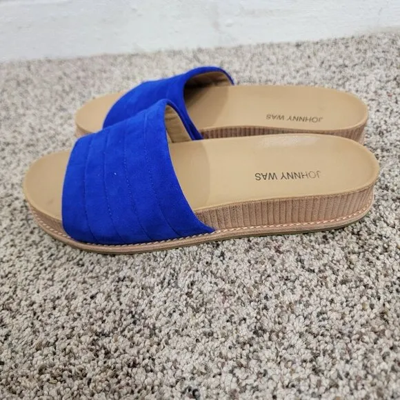 Johnny Was Solid Stitch Blue Tan Slip On Sandals Size 9 Beach Colorful Tropical