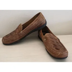 Johnston &amp; Murphy 25-85736 Men Sz 10M Tan Leather Trevitt Woven Venetian Loafers