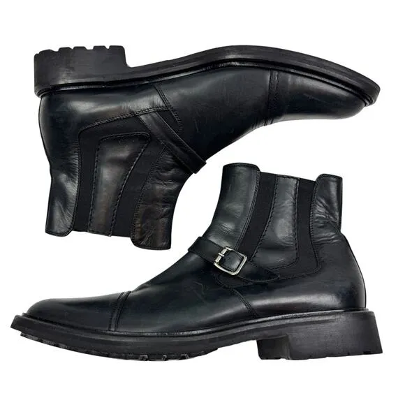 Johnston &amp; Murphy Made in Italy Black Leather Boots With Strap Men's Size 9.5