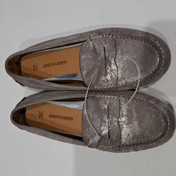 Johnston &amp; Murphy Maggie Peggy Loafers in Pewter Metallic Suede