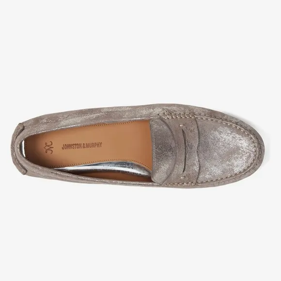 Johnston &amp; Murphy Maggie Peggy Loafers in Pewter Metallic Suede