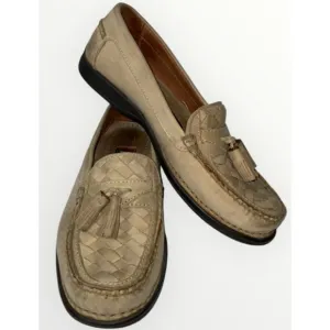 Johnston &amp; Murphy Mens Leather Woven Cream Light Tan Tassels Loafers Size 8.5M