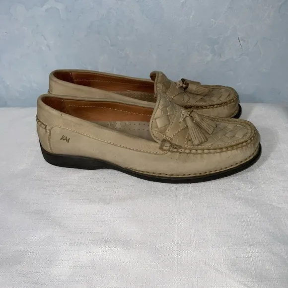 Johnston &amp; Murphy Mens Leather Woven Cream Light Tan Tassels Loafers Size 8.5M