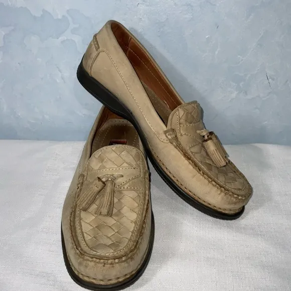Johnston &amp; Murphy Mens Leather Woven Cream Light Tan Tassels Loafers Size 8.5M