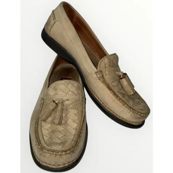 Johnston &amp; Murphy Mens Leather Woven Cream Light Tan Tassels Loafers Size 8.5M