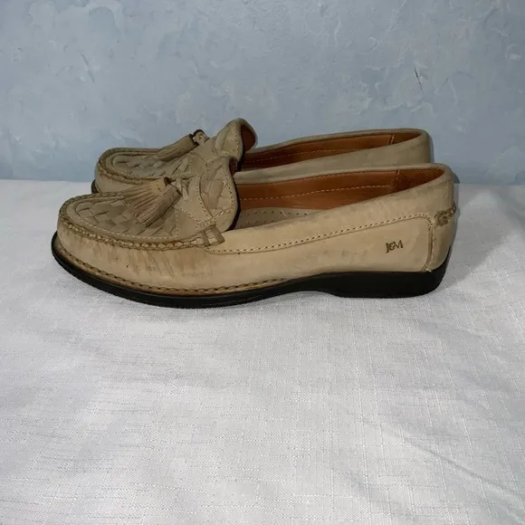 Johnston &amp; Murphy Mens Leather Woven Cream Light Tan Tassels Loafers Size 8.5M