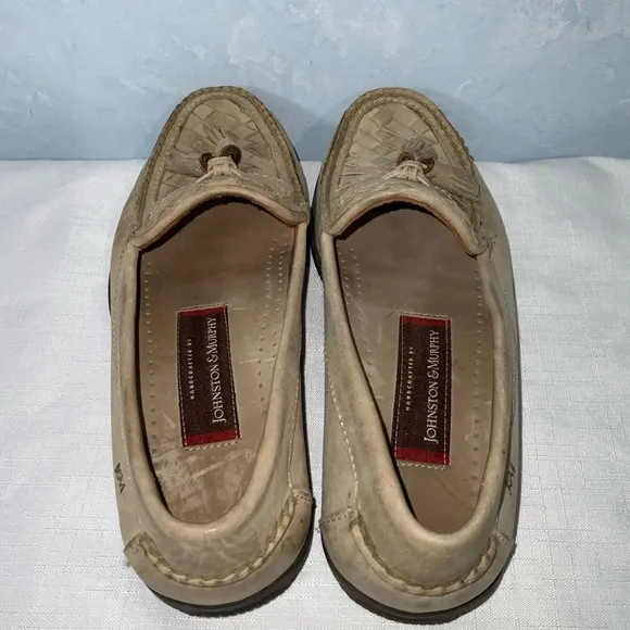 Johnston &amp; Murphy Mens Leather Woven Cream Light Tan Tassels Loafers Size 8.5M
