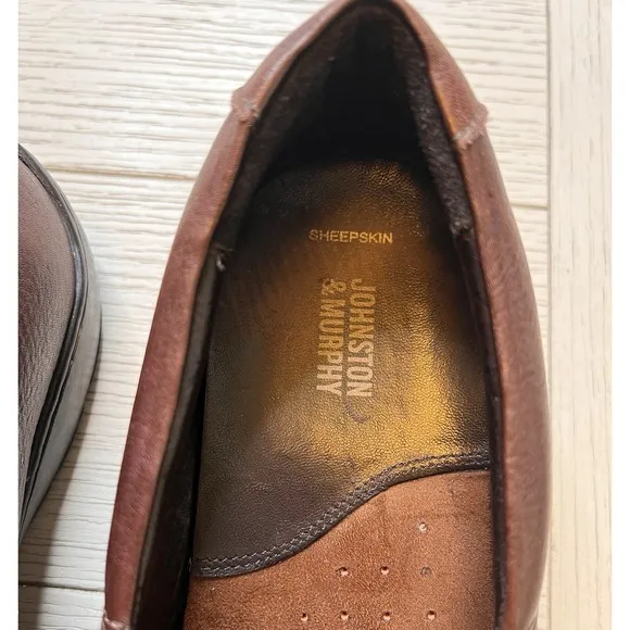 Johnston &amp; Murphy Men's Sheepskin Leather Brown Crawford Venetian Loafers, 10EEE