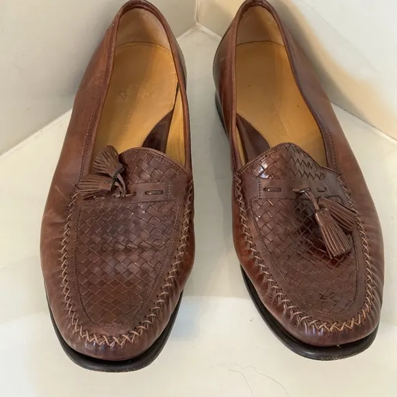 Johnston &amp; Murphy Woven Lattice Medium Brown Leather Tassel Kiltie Loafers